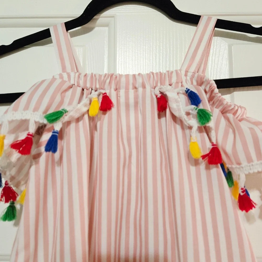Boutique BMG Kids Girls Pink‎ Stripe Flamingo Tassel Cold Shoulder Dress Size 7Y